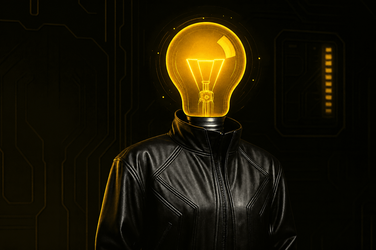 A person in a black leather jacket with a glowing yellow lightbulb for a head